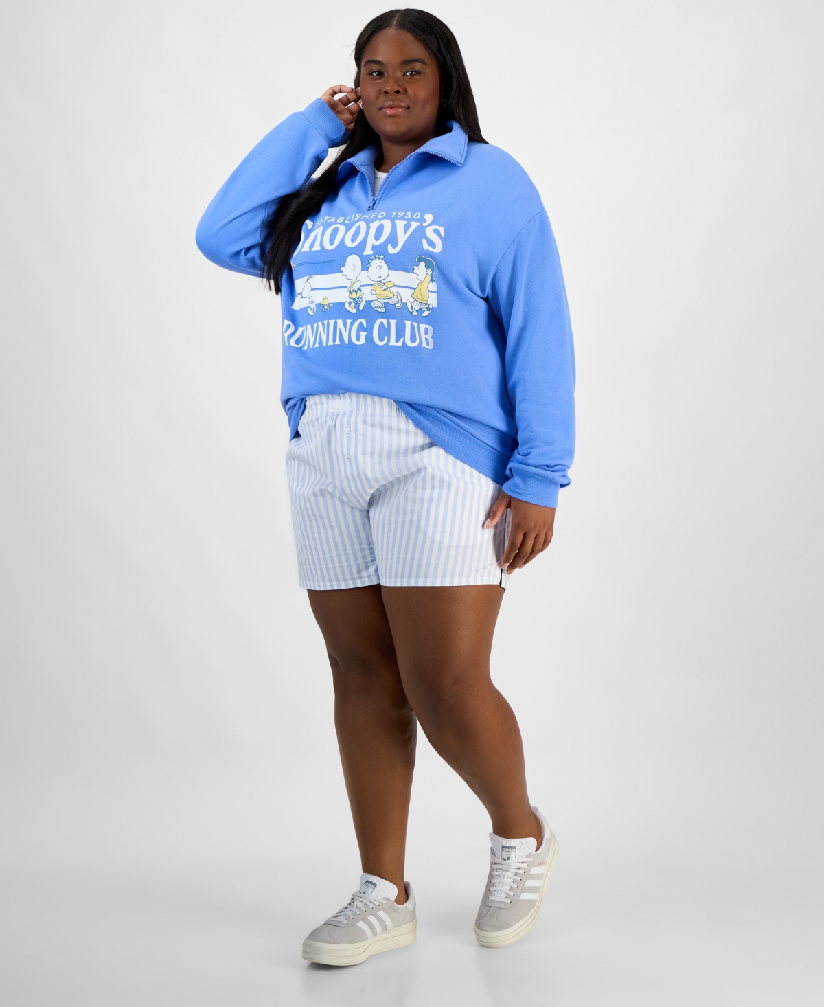 Shop Love Tribe Trendy Plus Size Snoopy Running Club Half-zip Sweatshirt In Provence