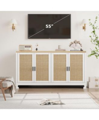Buffet Cabinet,Rattan Accent Storage Cabinet with 4 Doors and Shelf, Sideboard Buffet Cabinet with Storage, Modern Console Coffee Bar Cabinet for Dining Room, Kitchen, Living Room, Entryway Home Decor