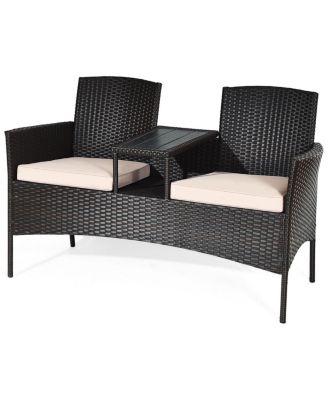 Patented Cushioned Rattan Wicker Patio Conversation Set Loveseat Table