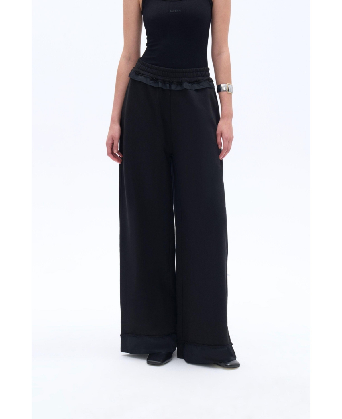 Women's Wide-Leg Pants with Elastic Waistband - Black