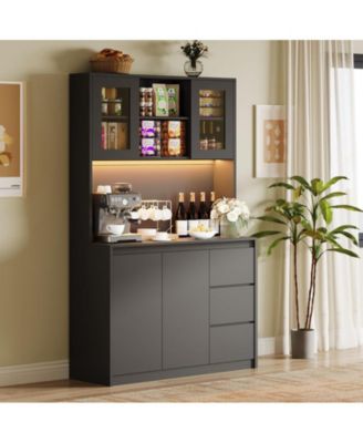 Kitchen Pantry Cabinet with Charging Station, Tall Storage Cabinet with Countertop and LED Lights, Pantry with Drawers and Glass Doors