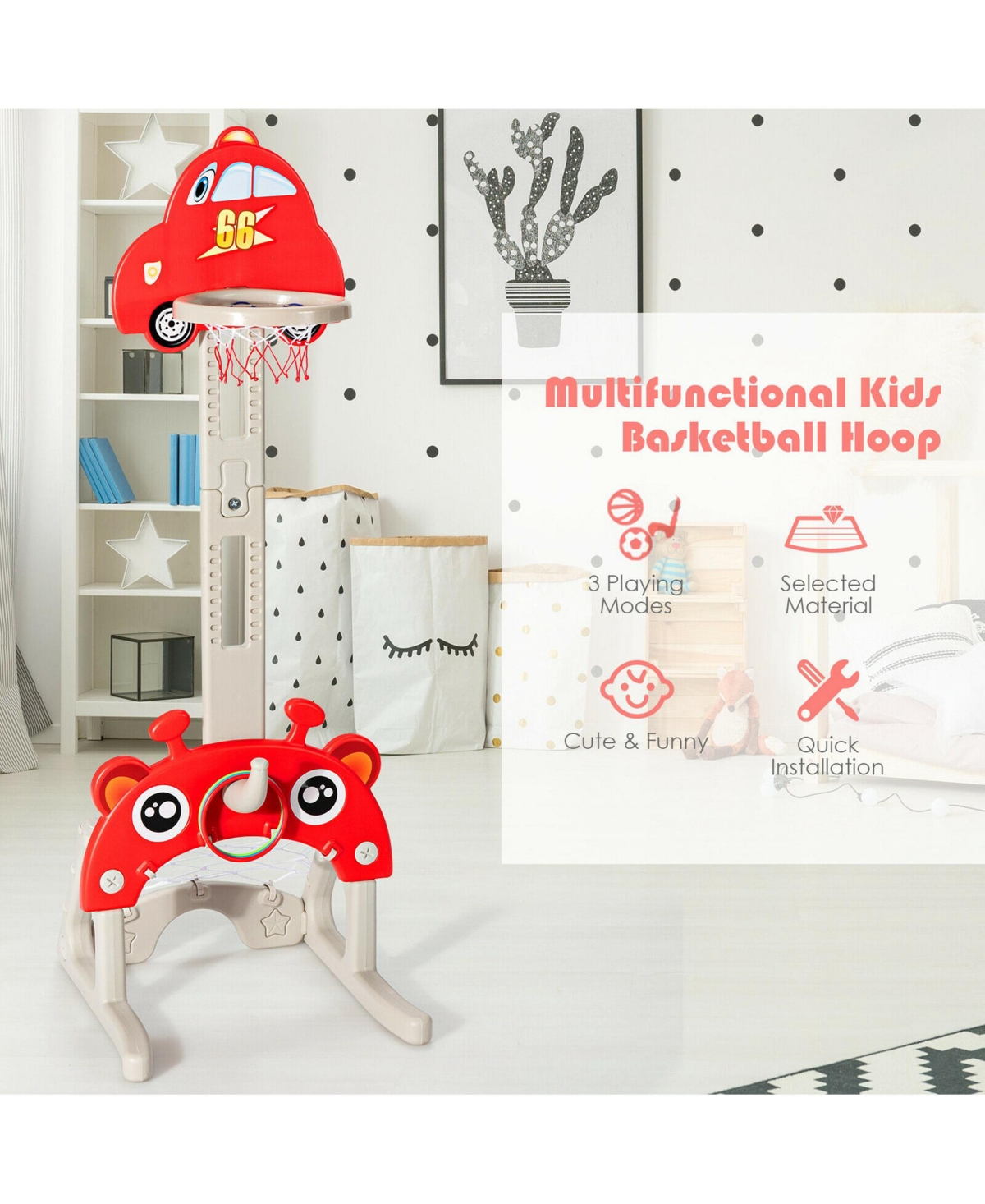 Gymax 3-in-1 Basketball Hoop for Kids Adjustable Height Playset w/ Balls - Red+beige