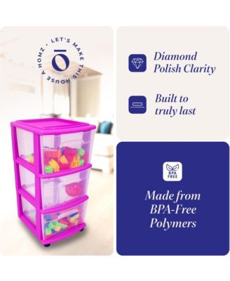 Plastic 3 Drawer Medium Storage Container Tower, Clear Drawers/Purple Frame