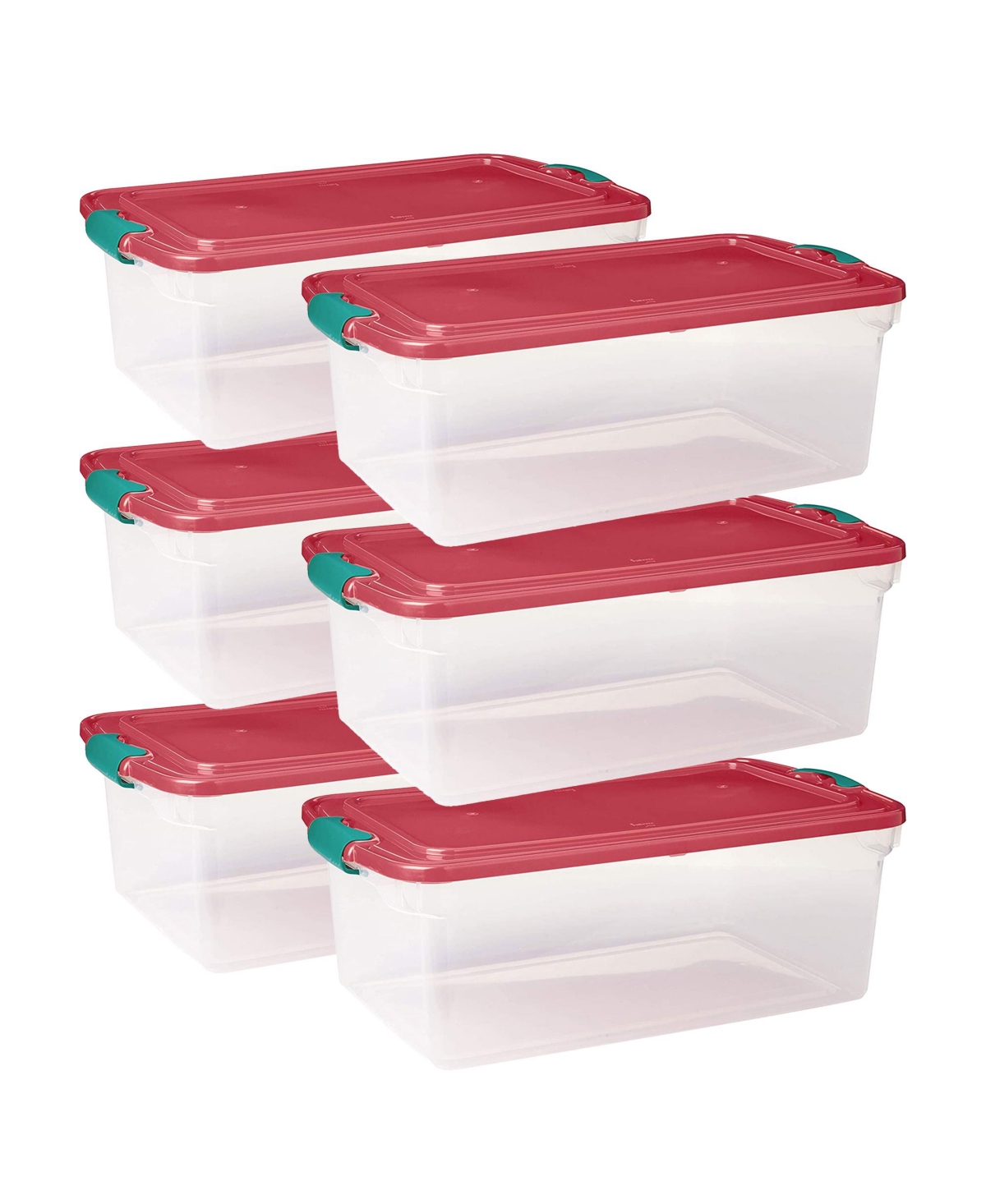 64 Qt Holiday Seasonal Decor Plastic Storage Bin with Latching Lid, 6 Pack - Red, green  clear