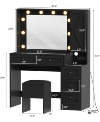 Makeup Vanity Stool Set, Small Vanity Desk with Lighted Mirror, Charging Station, 5 Drawers