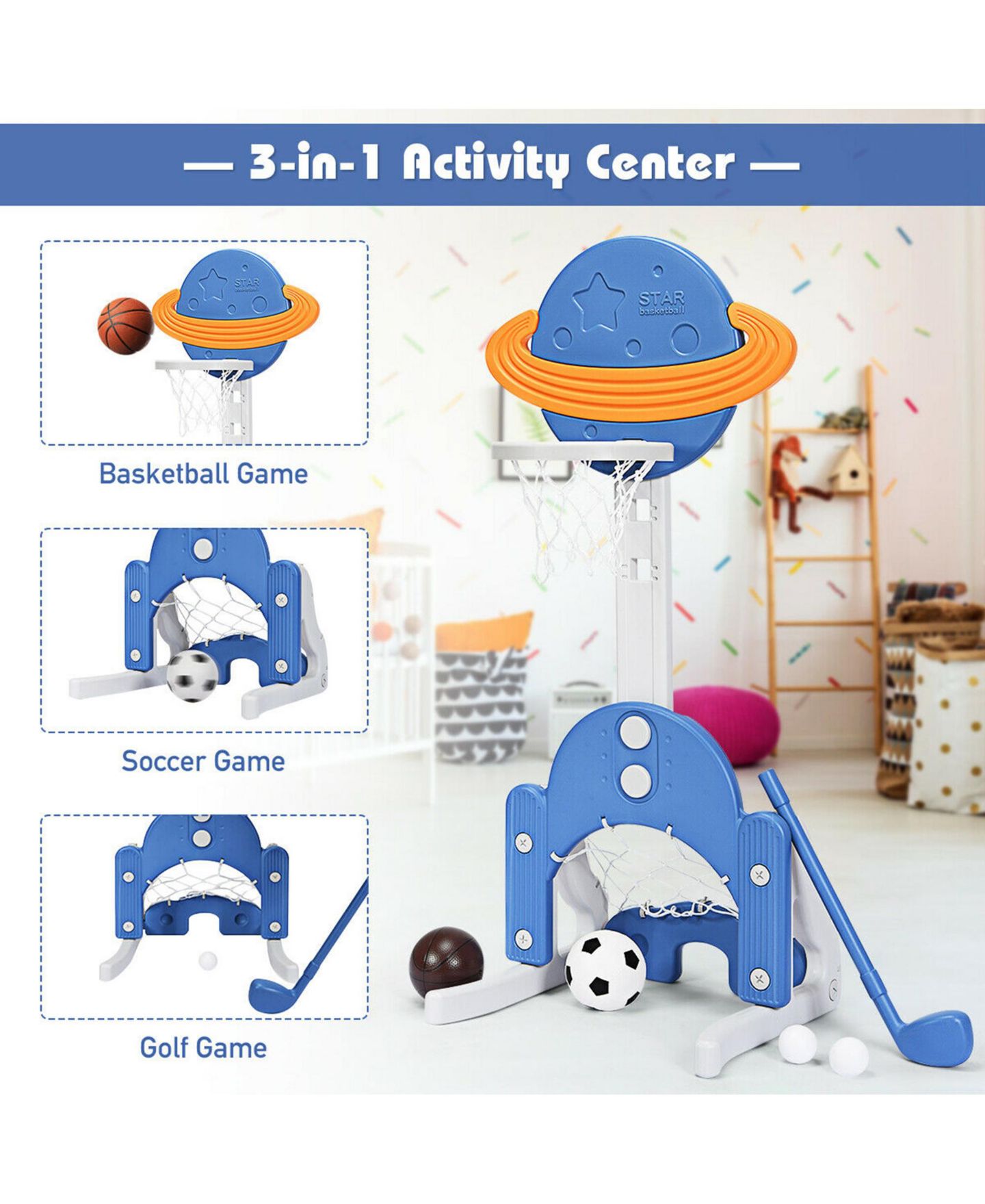 Детские игрушки Gymax 3-in-1 Kids Basketball Hoop Set Adjustable Sports Activity Center w/Balls, цвет: Белый — фото 5