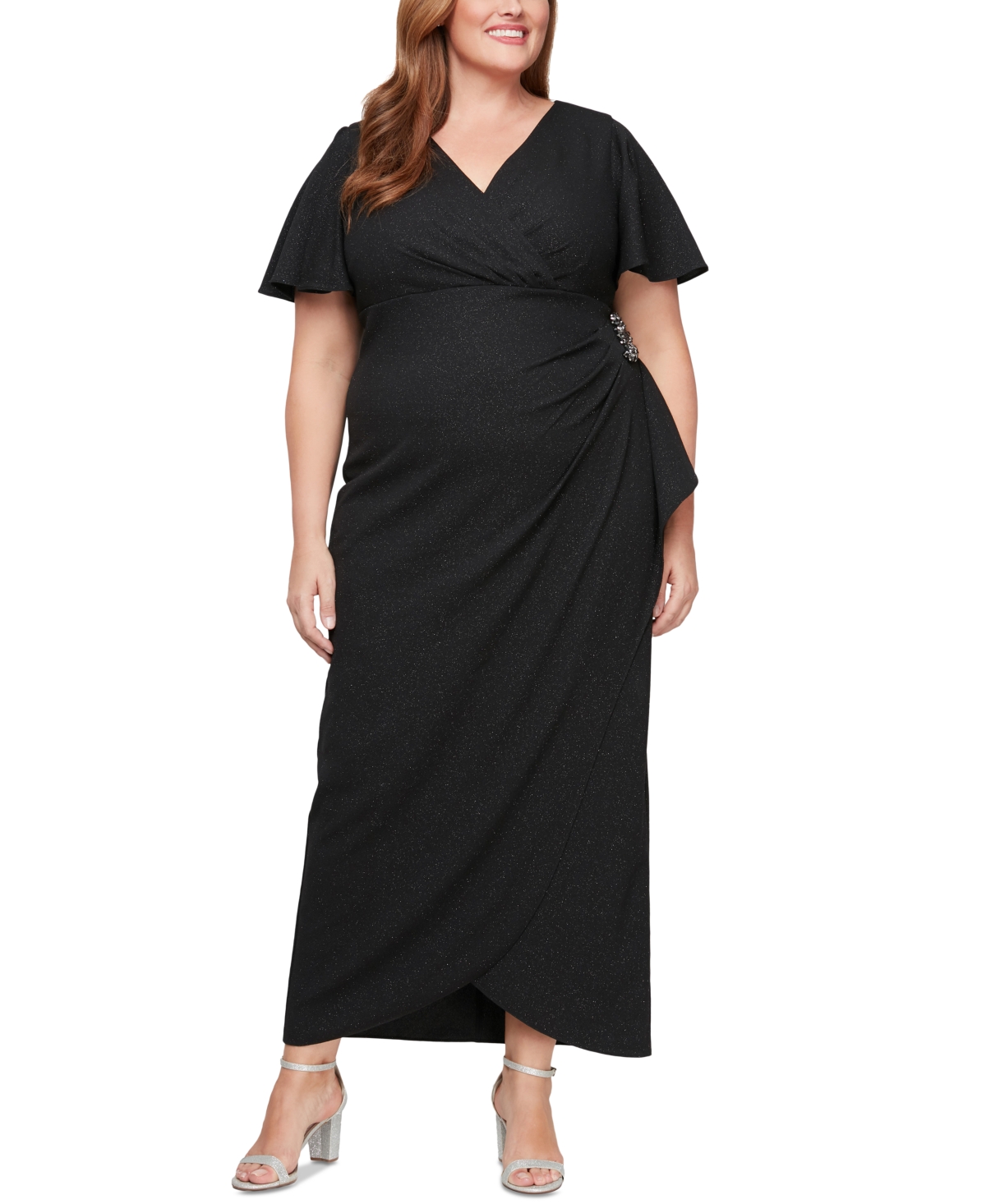 Plus Size Glitter Flutter-Sleeve Side-Ruched Dress - Black