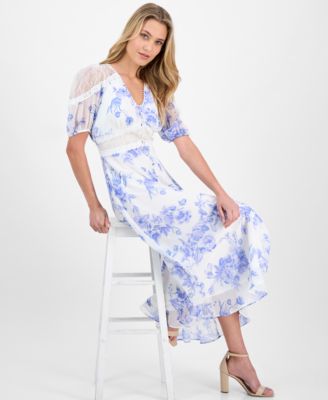avec les filles women's floral-print lace-trim chiffon dress Seraphim Floral Lace Maxi Dress Blue Cream