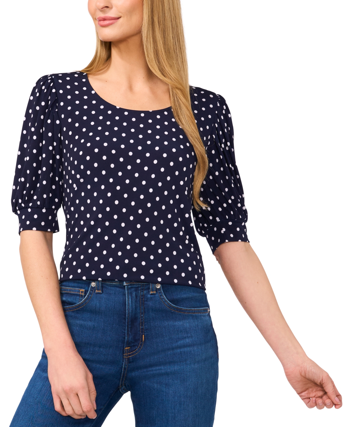 Cece Women's Polka-dot Elbow-sleeve Round-neck Top In Classic Navy