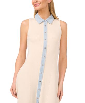 CeCe Women's Denim-Placket Sleeveless Rib-Knit Dress
