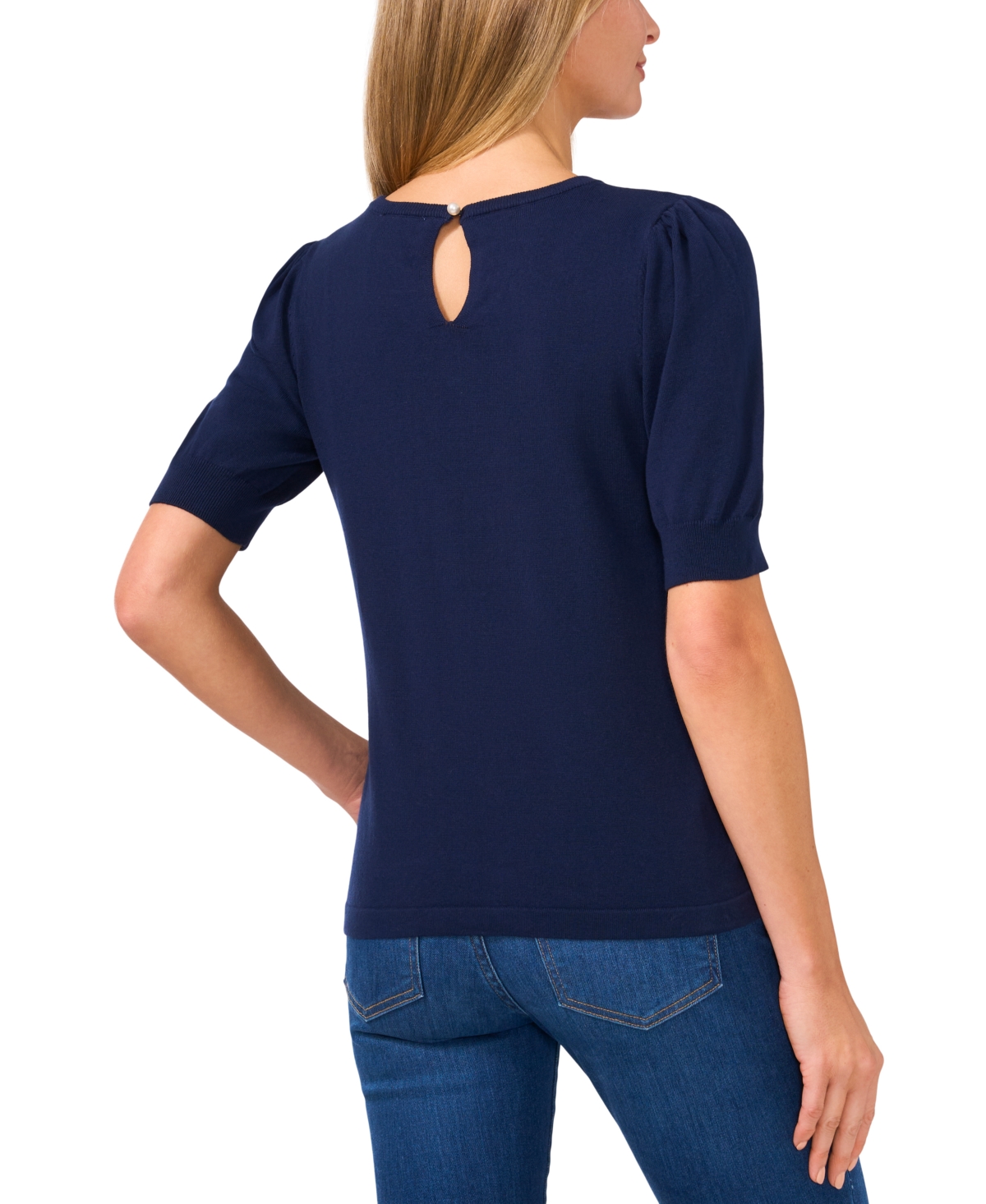 Cece Women's Crewneck Puff Sleeve Cotton Sweater In Classic Navy