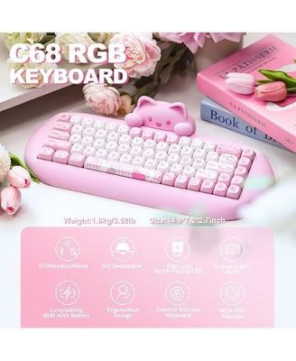 C68 Wireless Mechanical Keyboard, 65% Gaming Keyboard Hot Swap,Triple Mode BT5.0/2.4G/Wired,RGB Backlit NKRO,Cute Cat Silicone Ergonomic Keyboard for Win/Mac Milk Switch