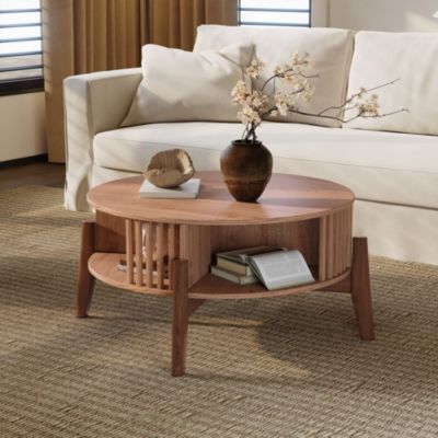 Round Coffee Table with Storage 31.5" Oak Finish Wood Center Accent Tables with Wood Legs