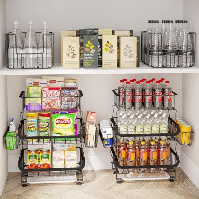 3 Tier Stackable Metal Wire Utility Rack with Rolling Wheels and 2 Free Baskets for Kitchen Pantry Garage Basket Cart