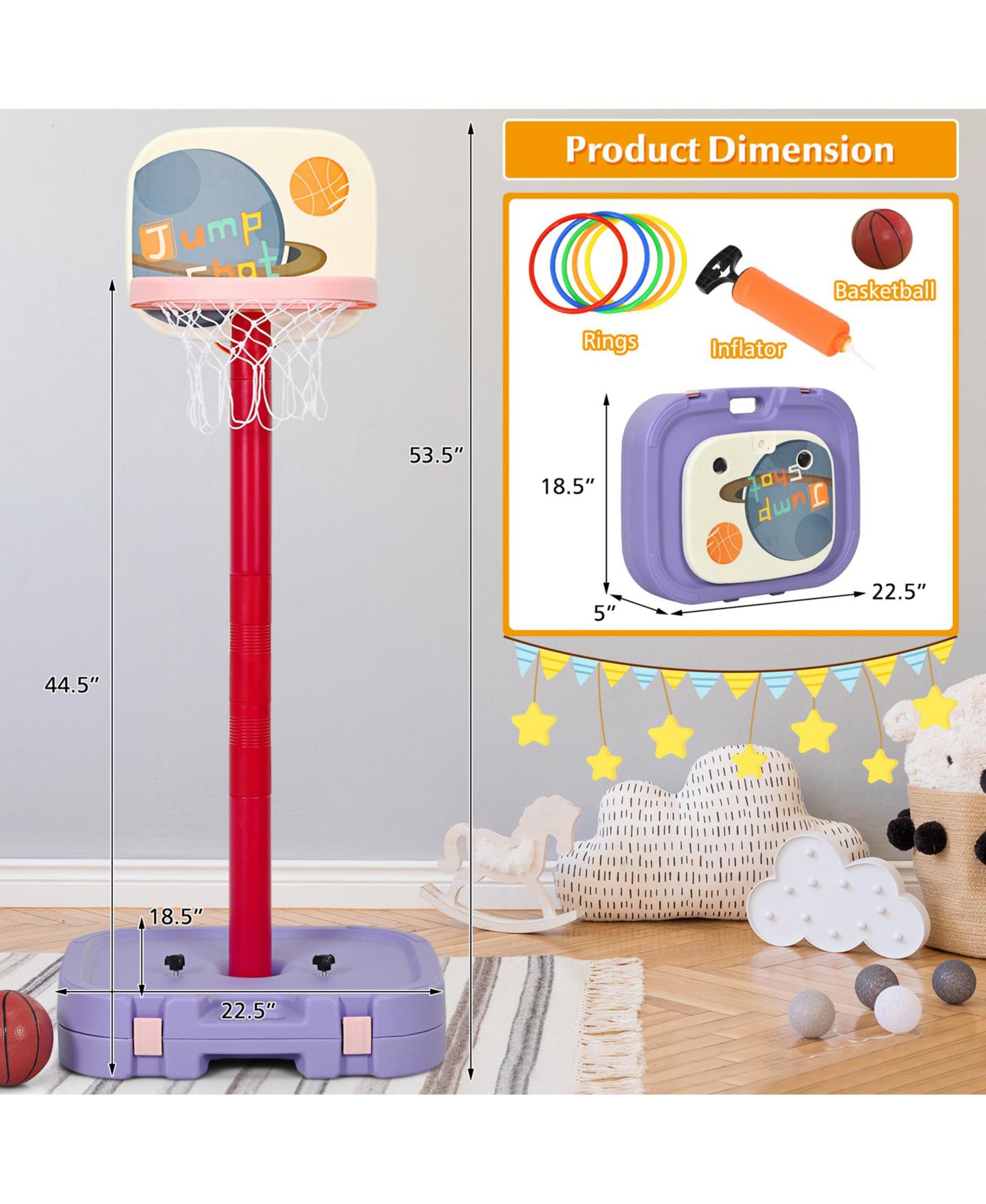 Детские игрушки Gymax Portable 2 in 1 Kids Basketball Hoop Stand w/ Ring Toss and Storage Box, цвет: Красный — фото 6