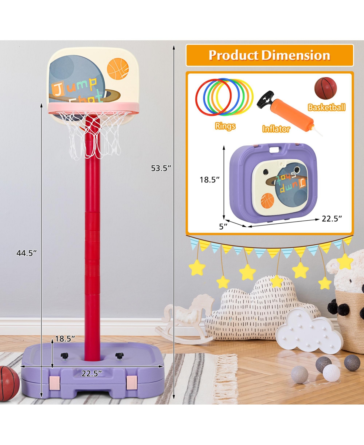 Gymax Portable 2 in 1 Kids Basketball Hoop Stand w/ Ring Toss & Storage Box