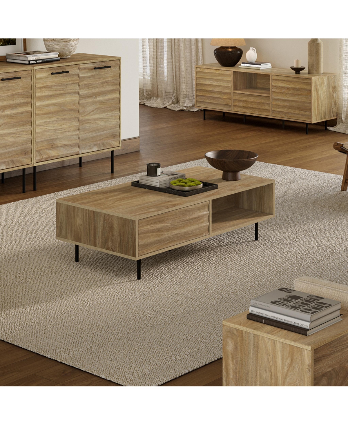 LuxenHome Mid-Century Modern Wave 1-Drawer Coffee Table with Storage and Metal Legs