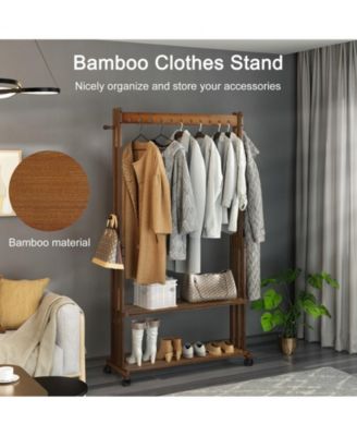 Retro Bamboo Clothes Rack:  Garment Organizer Hanging Rack with Wheels