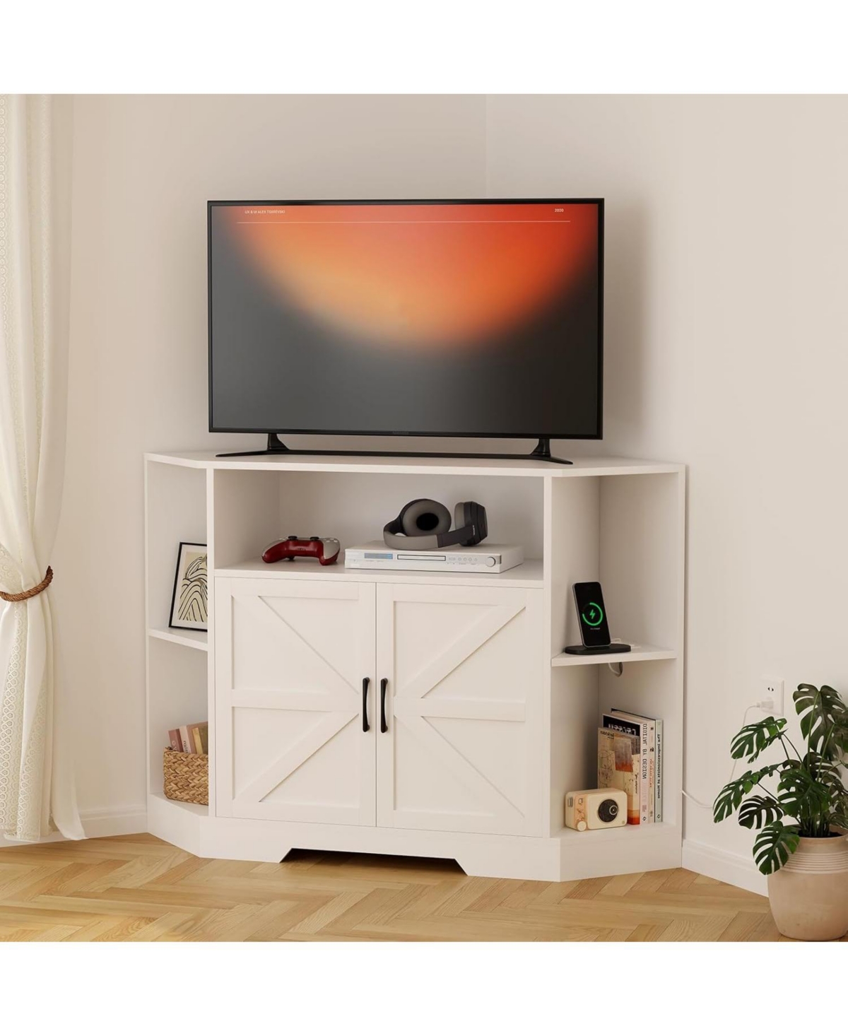 Corner Tv Stand for Tvs Up to 55 Inch with Power Outlet, Modern Farmhouse Entertainment Center - White