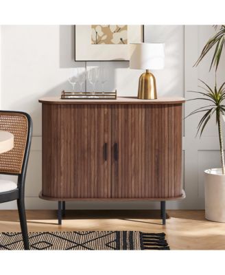 Mid-Century Modern 2-Door Accent Cabinet with Slatted Sliding Doors, Dark Oak