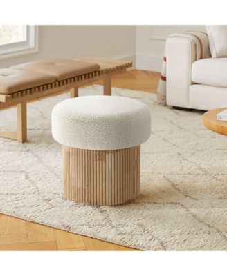 Modern Upholstered Ivory Footstool with Storage and Wood Fluted Base