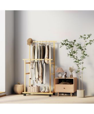Wooden Clothes Stand Freestanding Bamboo Coat Rack with Wheels
