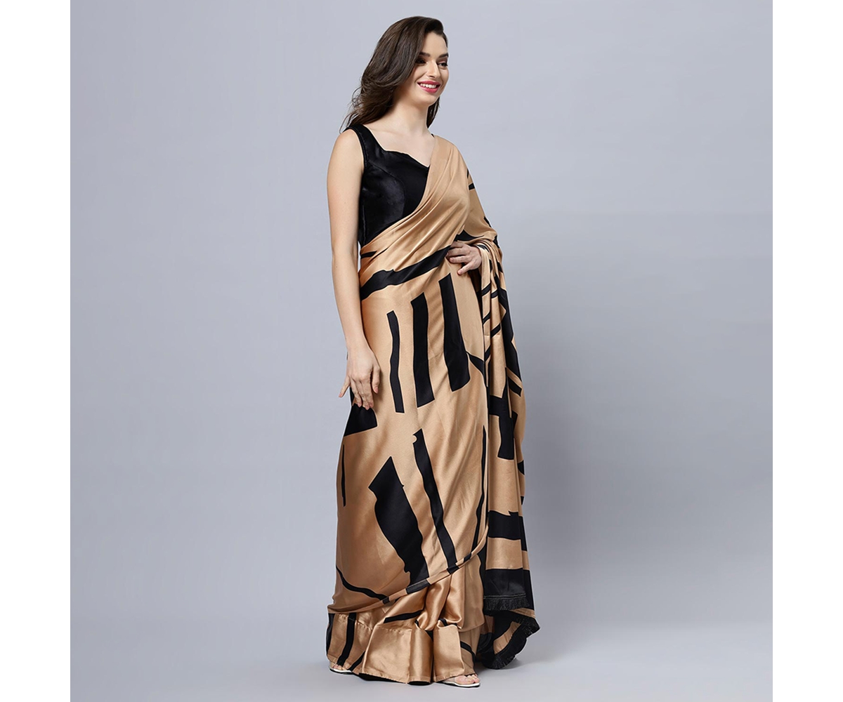 One Minute Saree Petite CandiceSatin Printed Ready to Wear Sari - Brown