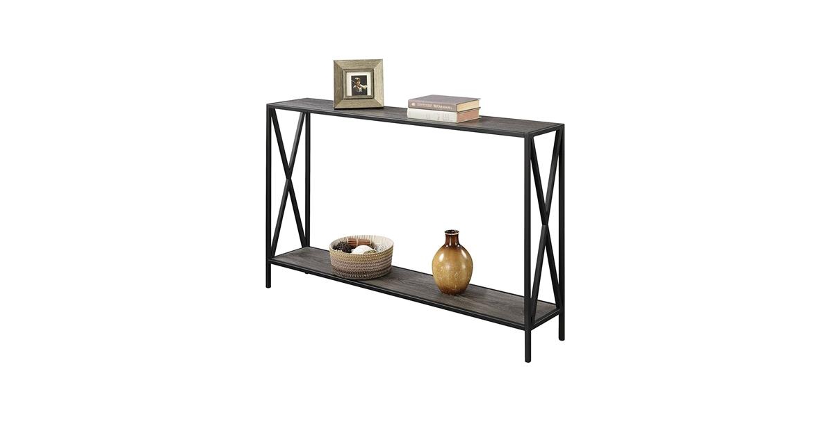 Slickblue Weathered Wood Console Sofa Table with Bottom Shelf and Metal Frame