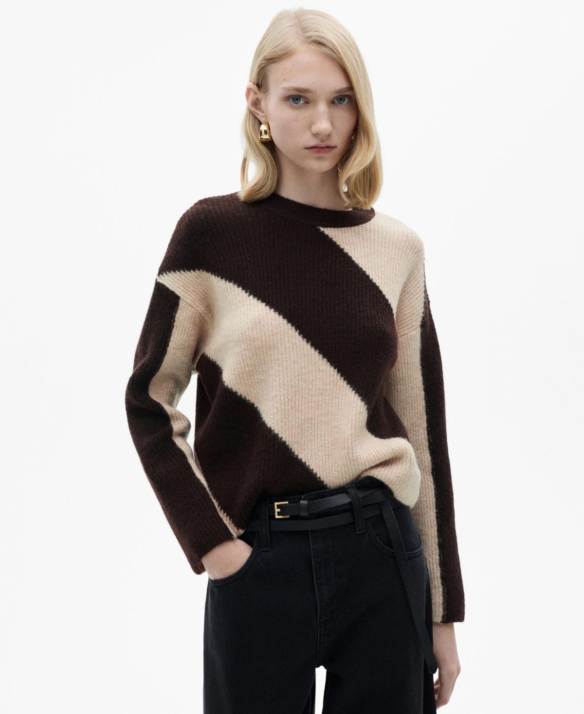 Mango Women's Striped Knit Sweater In Medium Brown