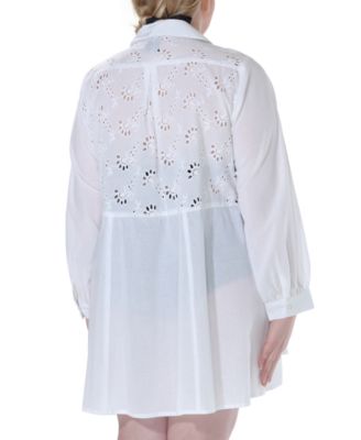 Plus Size Cotton Eyelet Button-Front Cover-Up Dress