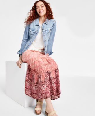 Shop Liverpool Los Angeles Womens Frayed Trucker Jacket Knit Top Maxi Skirt In Mauve Ombre Paisley
