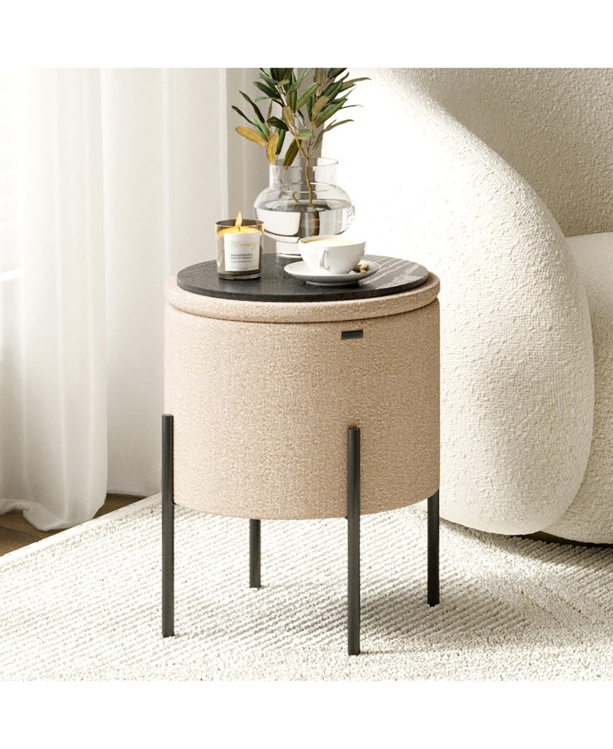 Boucle Round Ottoman with Hidden Storage – Modern Foot Stool, Makeup Vanity Small Rest, Perfect for Living Room & Bedroom D