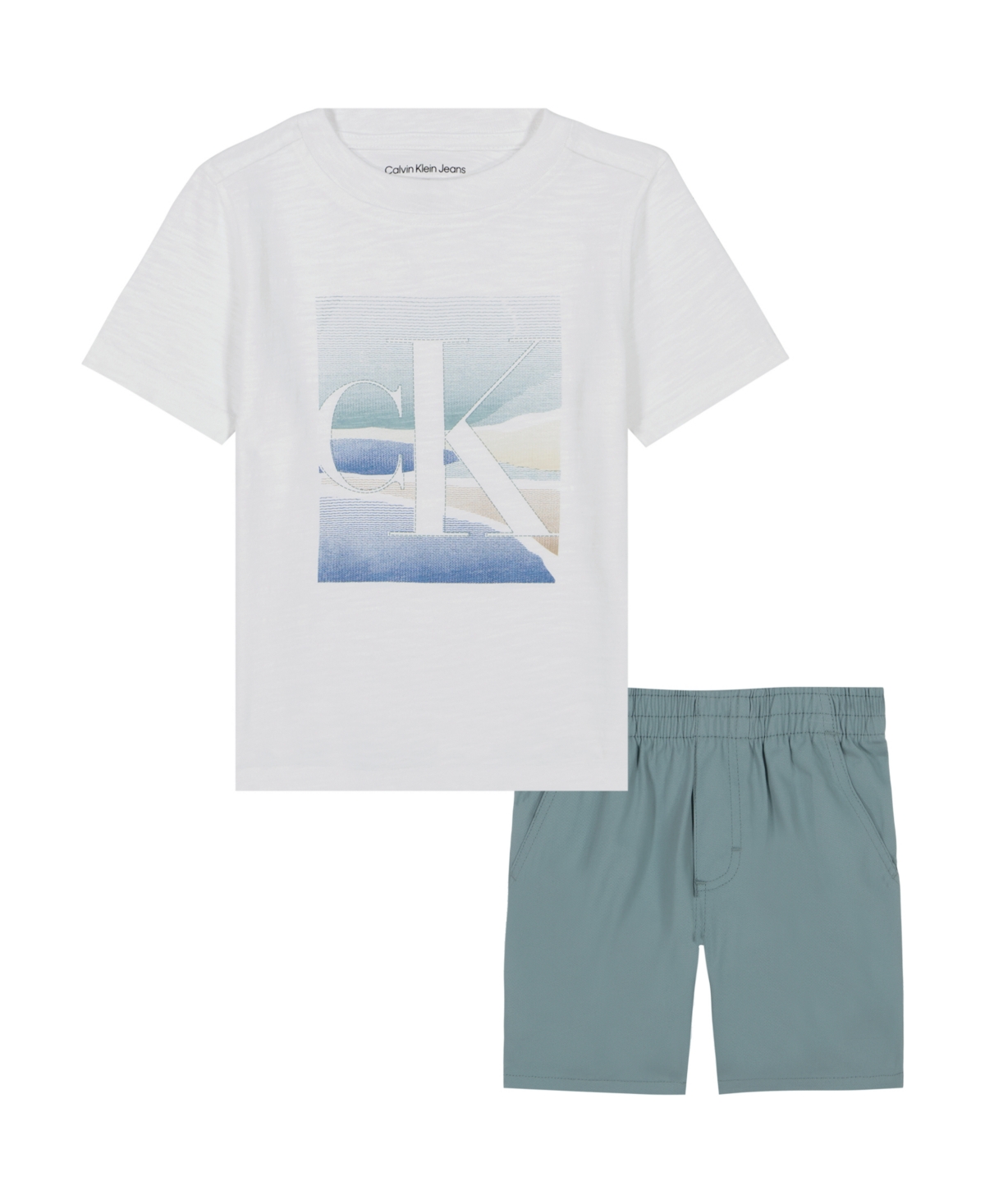 CALVIN KLEIN TODDLER AND LITTLE BOYS SCENIC LOGO SHORT SLEEVE TEE AND TWILL SHORTS, 2-PIECE SET 