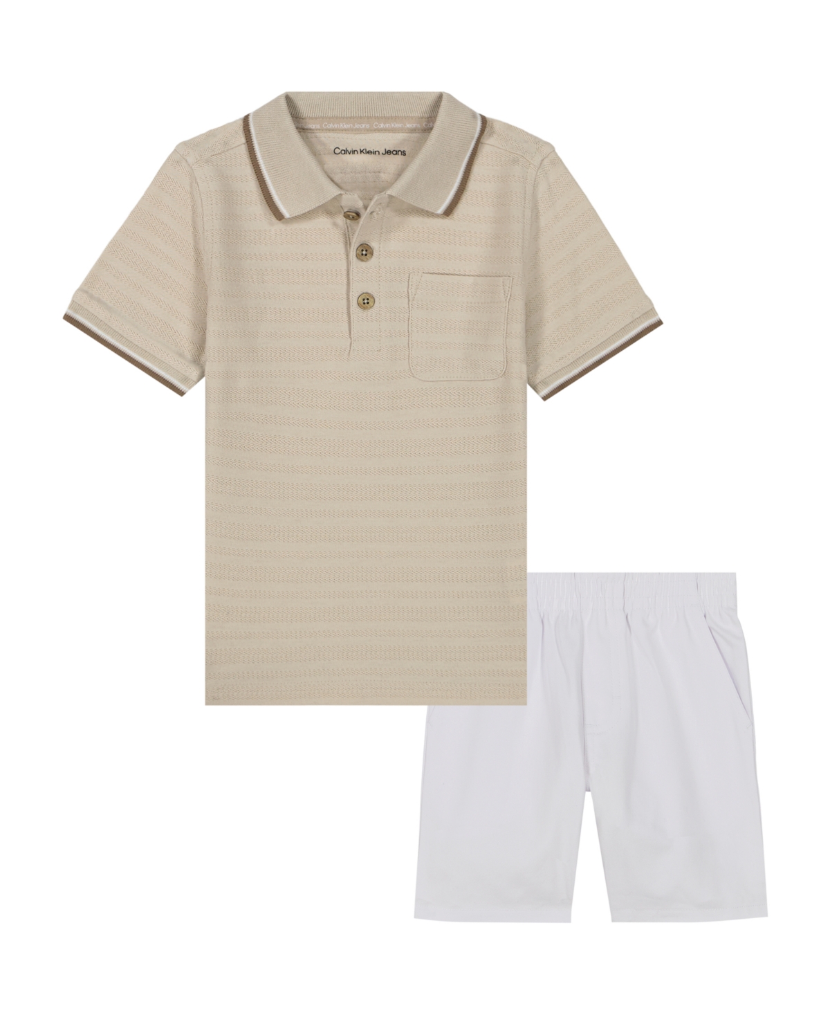 Calvin Klein Toddler And Little Boys Tipped Herringbone Dobby Polo Shirt And Twill Shorts, 2-piece Set In Caramel,bright White