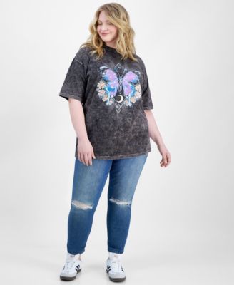 Trendy Plus Size Floral Butterfly Cotton Graphic T-Shirt 