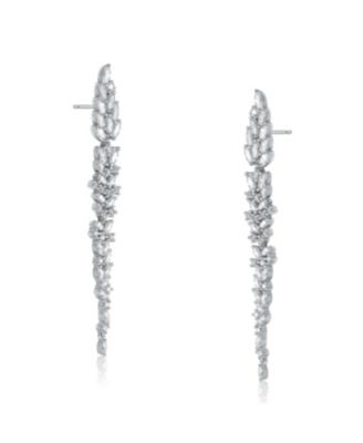 Sterling Silver White Gold Plated Leaf-Shaped White Cubic Zirconia Accent Dangle Earrings