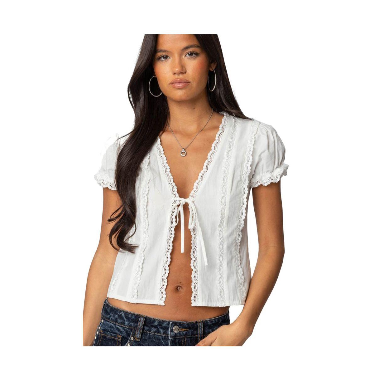 Women's Cotton Lacey Tie Front Top - Blue