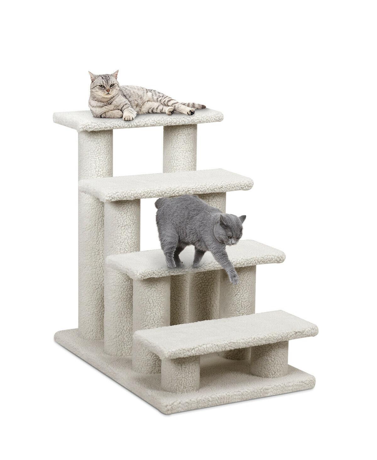 24'' 4-Step Pet Stairs Carpeted Ladder Ramp 8 Scratching Post Cat Tree Climber - Light beige