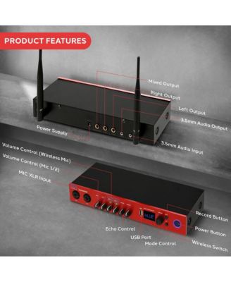 UHF Wireless Microphone System with Bluetooth - Dual Channel, 2 Handheld Mics, Portable Mixer, Red