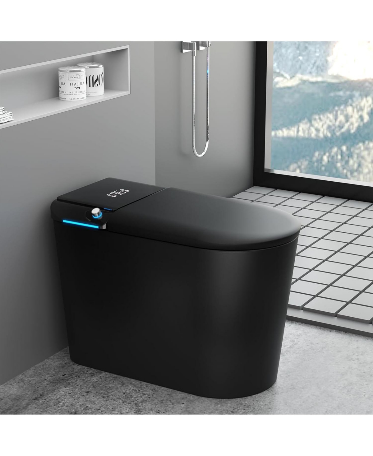 Smart Toilet with Tank Built in, Dual Auto Power Flush, Auto Open & Close, Foot Sensor Operation - Black