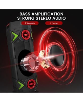 Dual 8” Portable PA Speaker with Bluetooth, Flashing Party Lights, USB/SD/FM Radio & Wireless Microphone