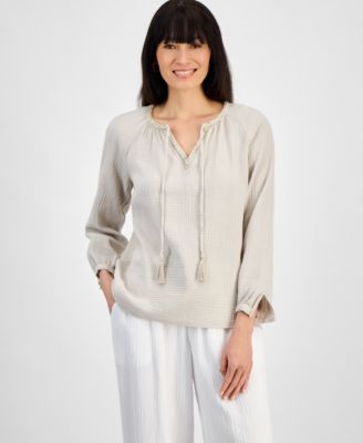 JM Collection - Women's Cotton Gauze Split-Neck Beaded Top