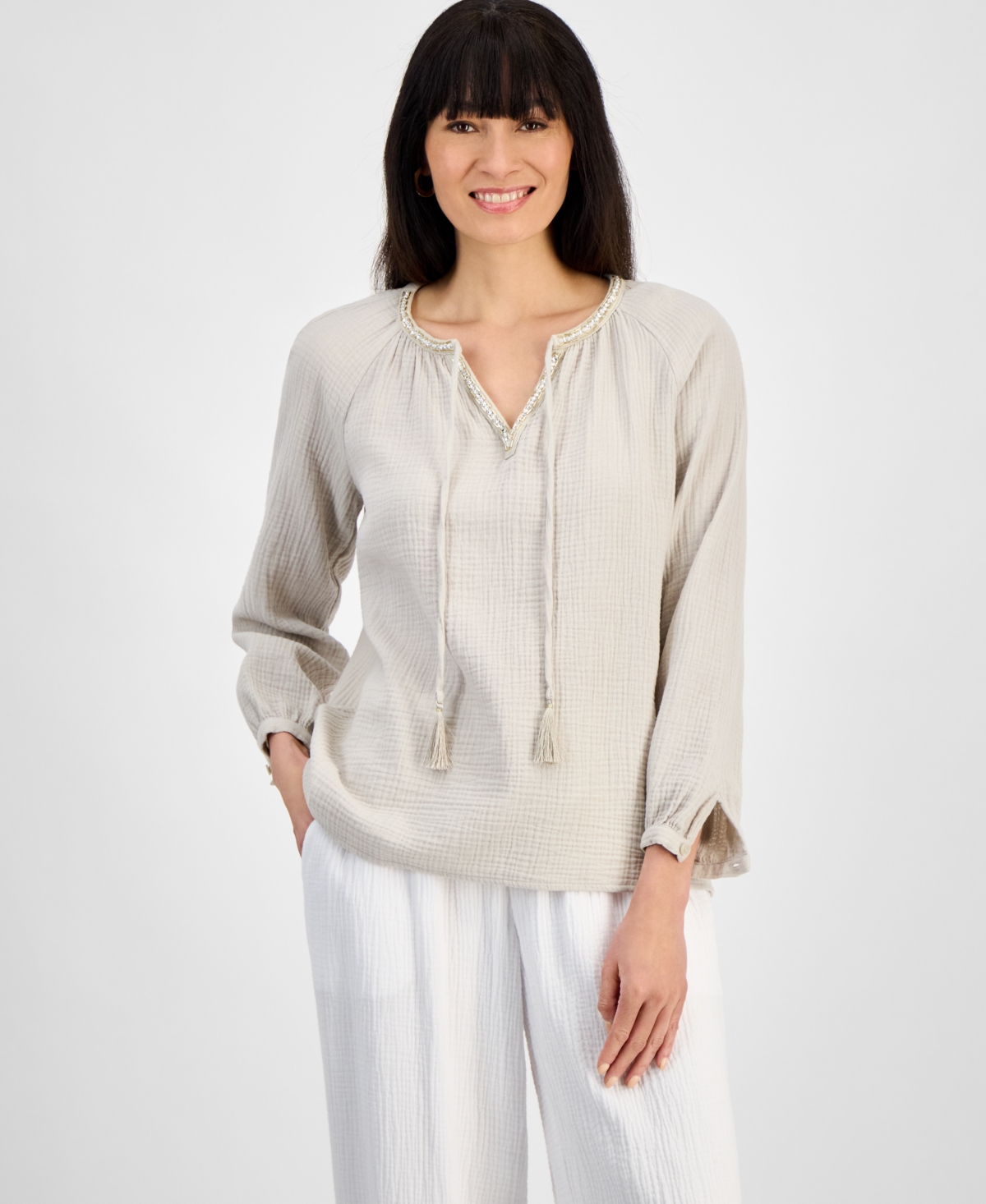 Petite Cotton Embellished-Split-Neck Top, Exclusively at Macy's - Stonewall