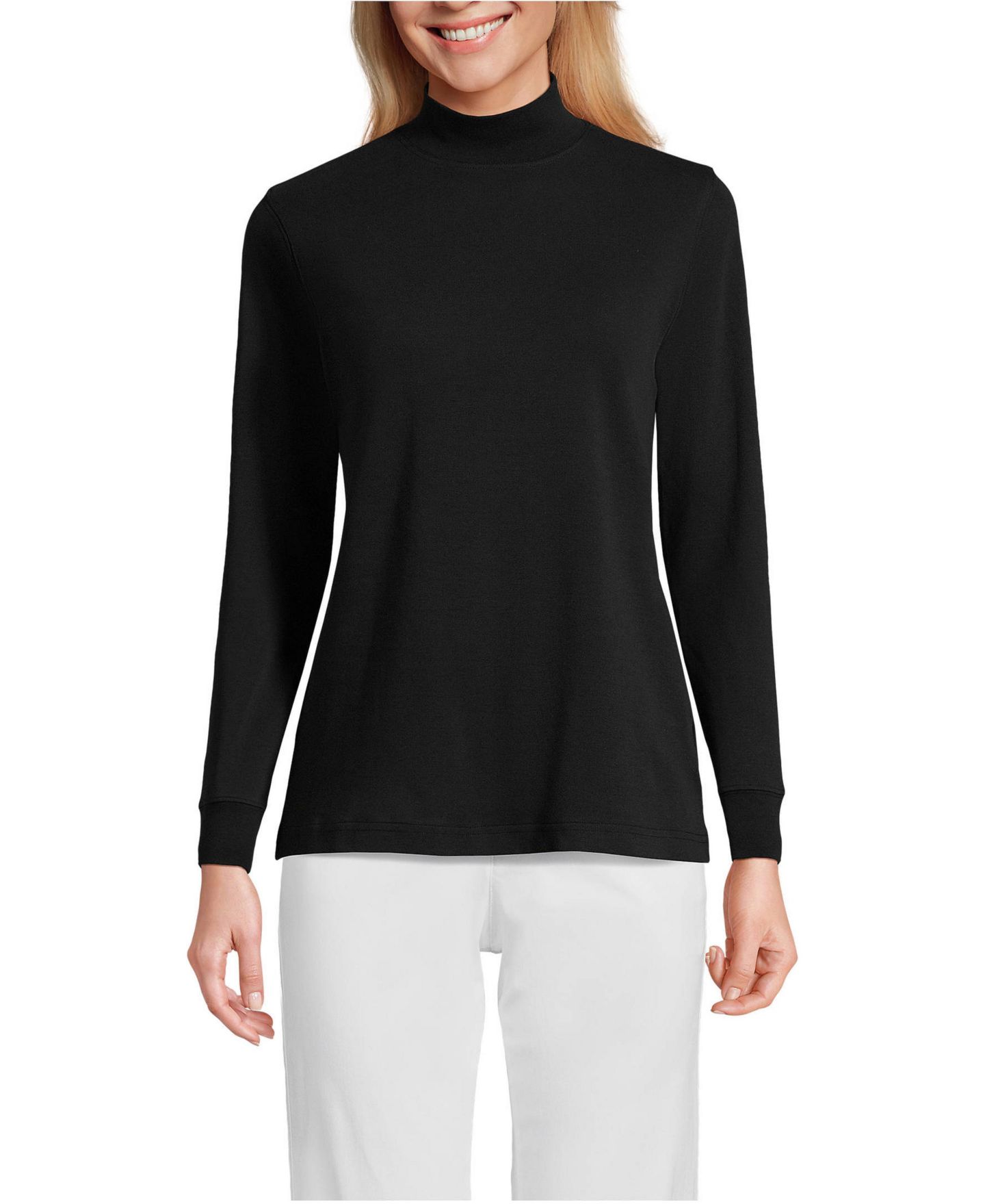 Женский топ Lands' End School Uniform Tall Relaxed Cotton Long Sleeve Mock Turtleneck, цвет: Чёрный — фото 1