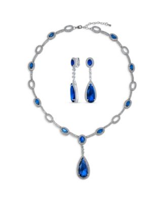 Fashion Solitaire Teardrop Halo Cz Cubic Zirconia Statement Y Necklace Matching Dangle Clip On Earrings Jewelry Set Rhodium Plated