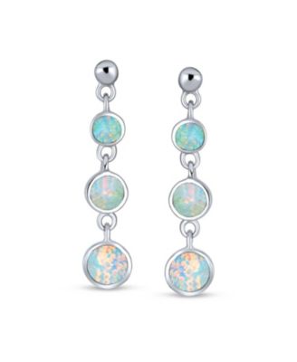 Geometric 3 Bezel Round Disc Linear Circle Synthetic Opal Dangle Earrings Sterling Silver