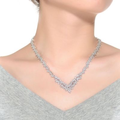 Sterling Silver with White Gold Plated Clear Marquise Cubic Zirconia Cluster Necklace