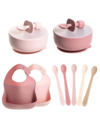 Toddler Feeding Set, Silicone Bib, Bowl & Spoons for Self-Feeding First Stage Essentials – Gum Friendly, BPA-Free, Easy to Clean & Safe for Babies, Pink
