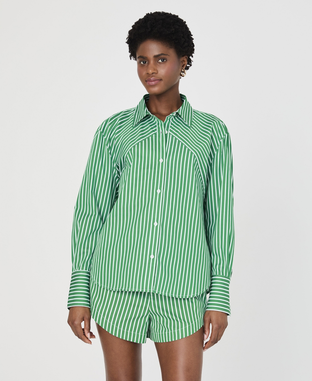 French Connection Alexis Diagonal Yoke Button Front Top In Green,summer White