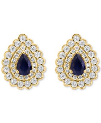 EFFY&reg; Sapphire (7/8 ct. t.w.) & Diamond (3/8 ct. t.w.) Double Halo Pear Stud Earrings in 14k Two Tone Gold